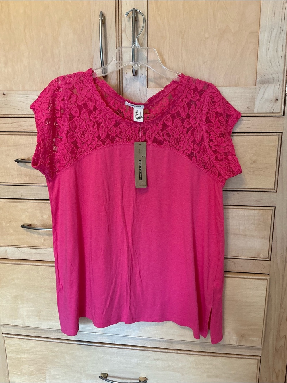 DKNY Hot Pink Lace Yoke Short Sleeve Tee L